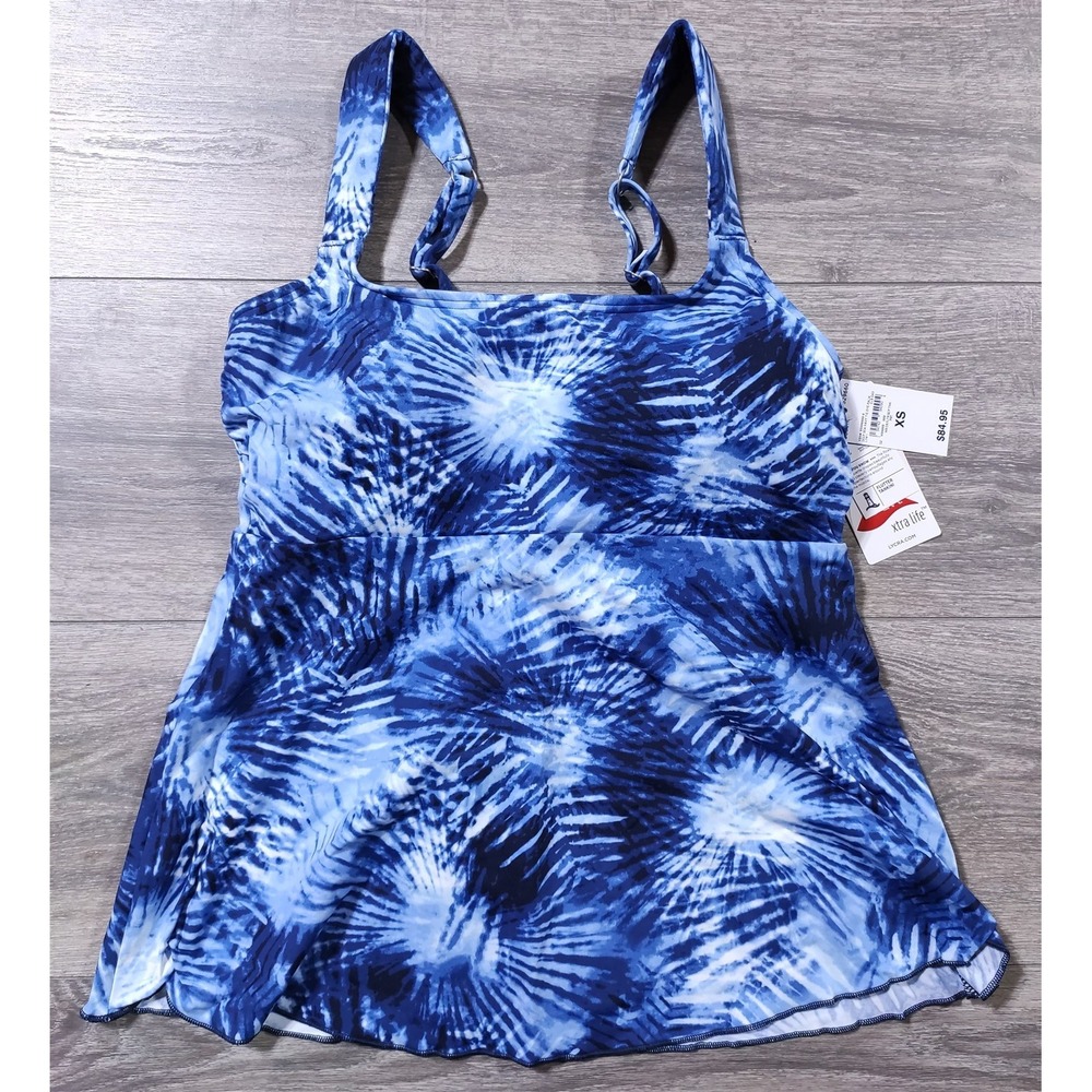 Lands End Women Blue Tie Dye Flutter Tankini Swim Top XS Adjustable Straps NEW